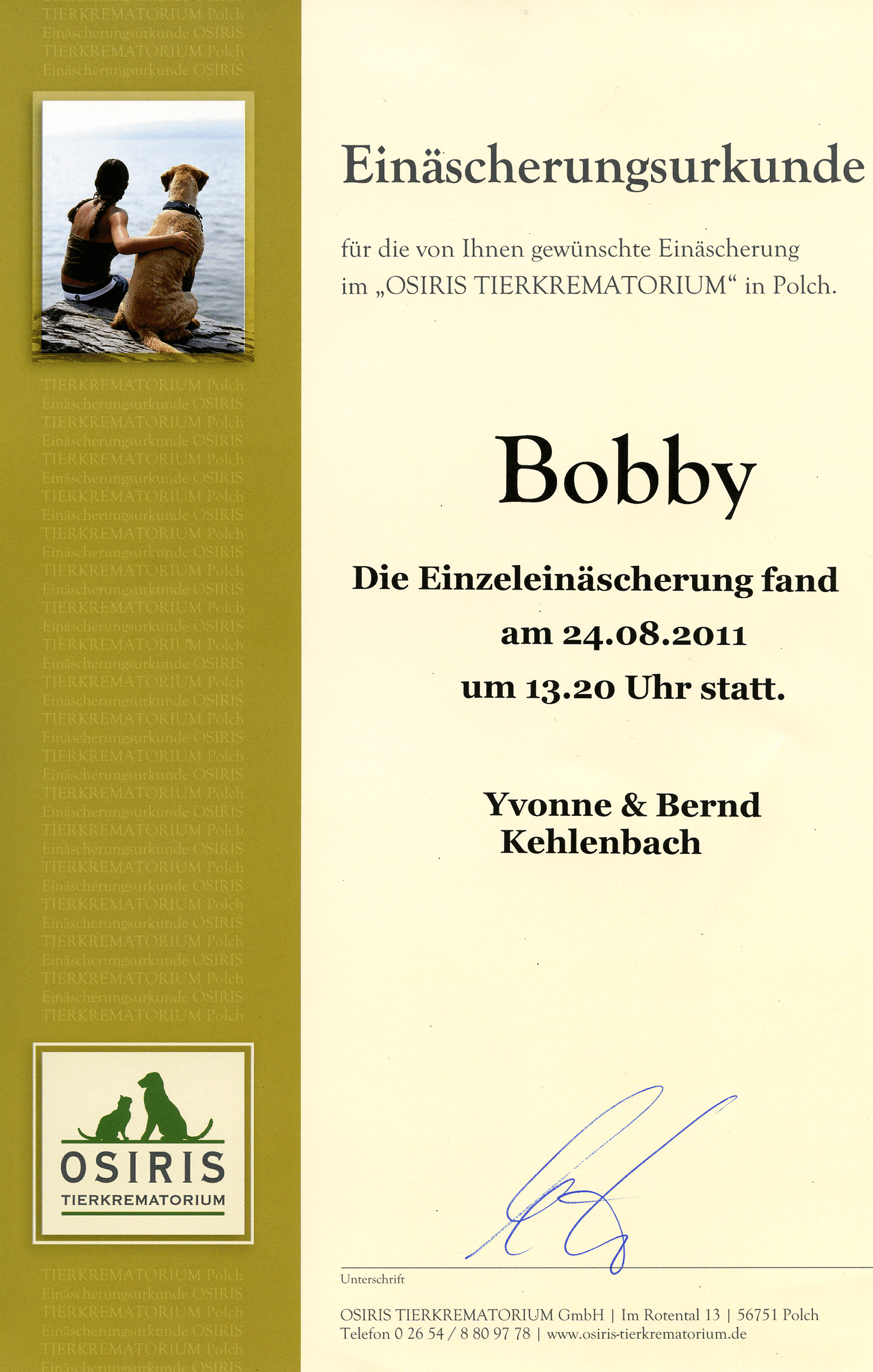 Bobby-Einäscherungsurkunde