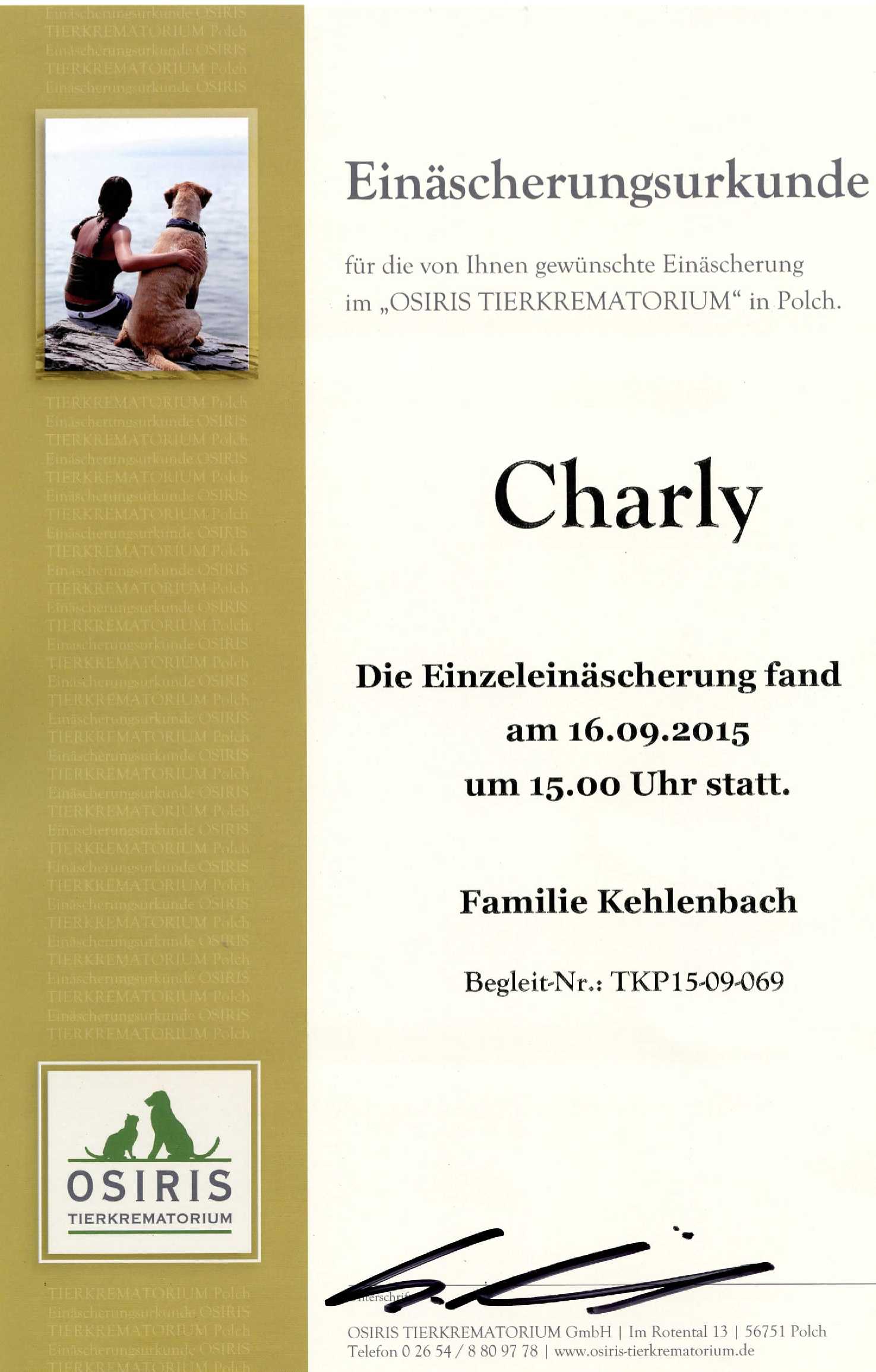 Einäscherungsurkunde Charly, 16.9.15
