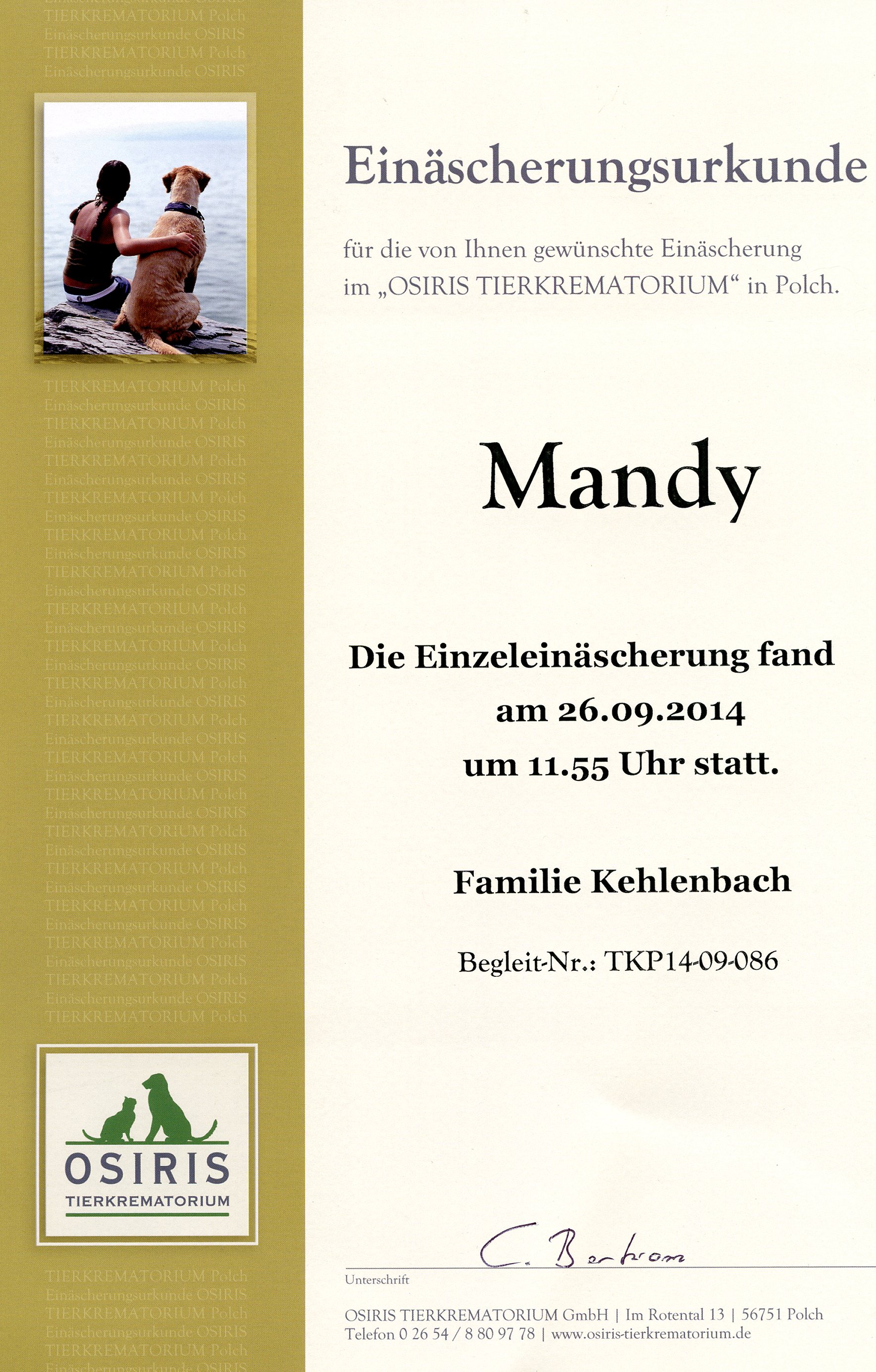Mandy-Einäscherungsurkunde
